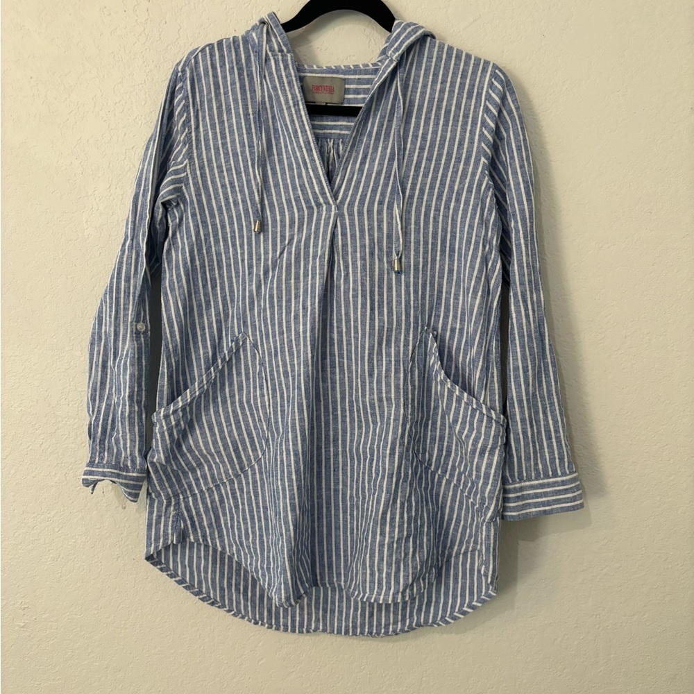 Forcynthia Linen Cotton Striped Hooded Cover Up – Size Small, Blue/White